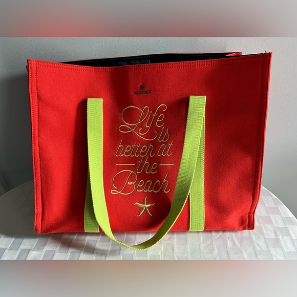 Spartina Carry All Tote Life is Better at the Beach. Orange and lime green - Picture 1 of 9